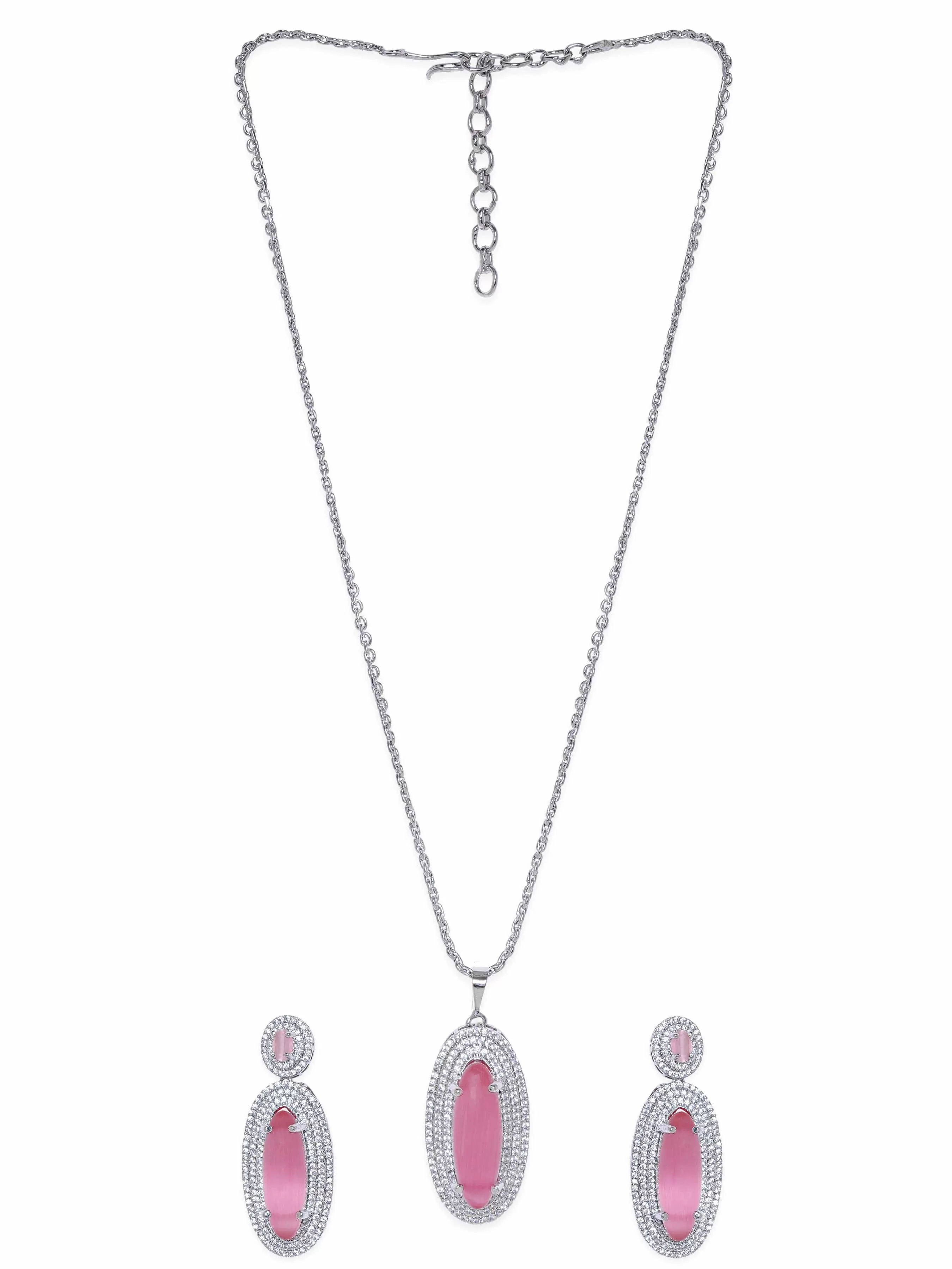 Rubans Rhodium plated Pink Crystal Zirconia studded Statement pendant Set