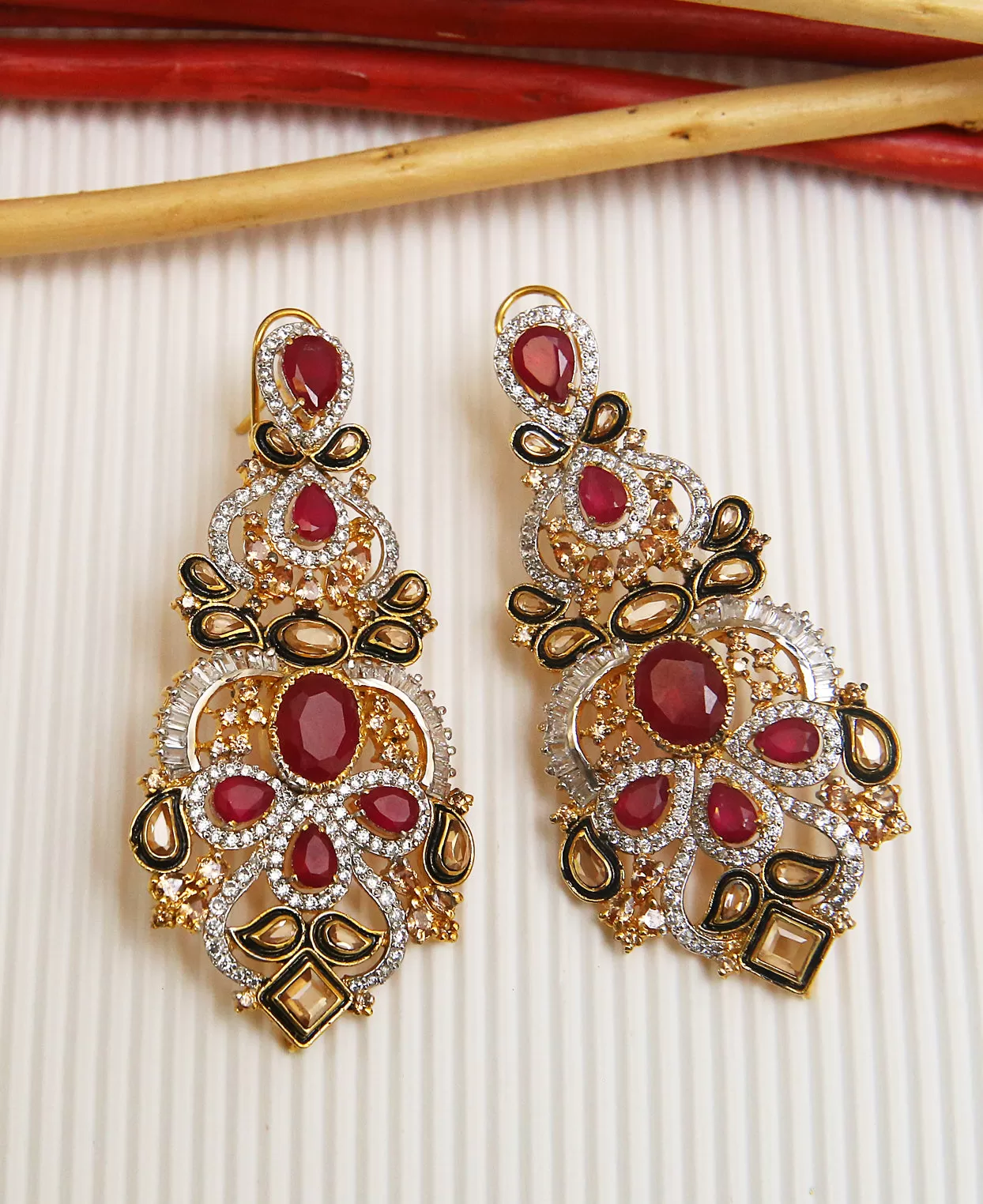 Ruby and Polki Black Meena Earrings