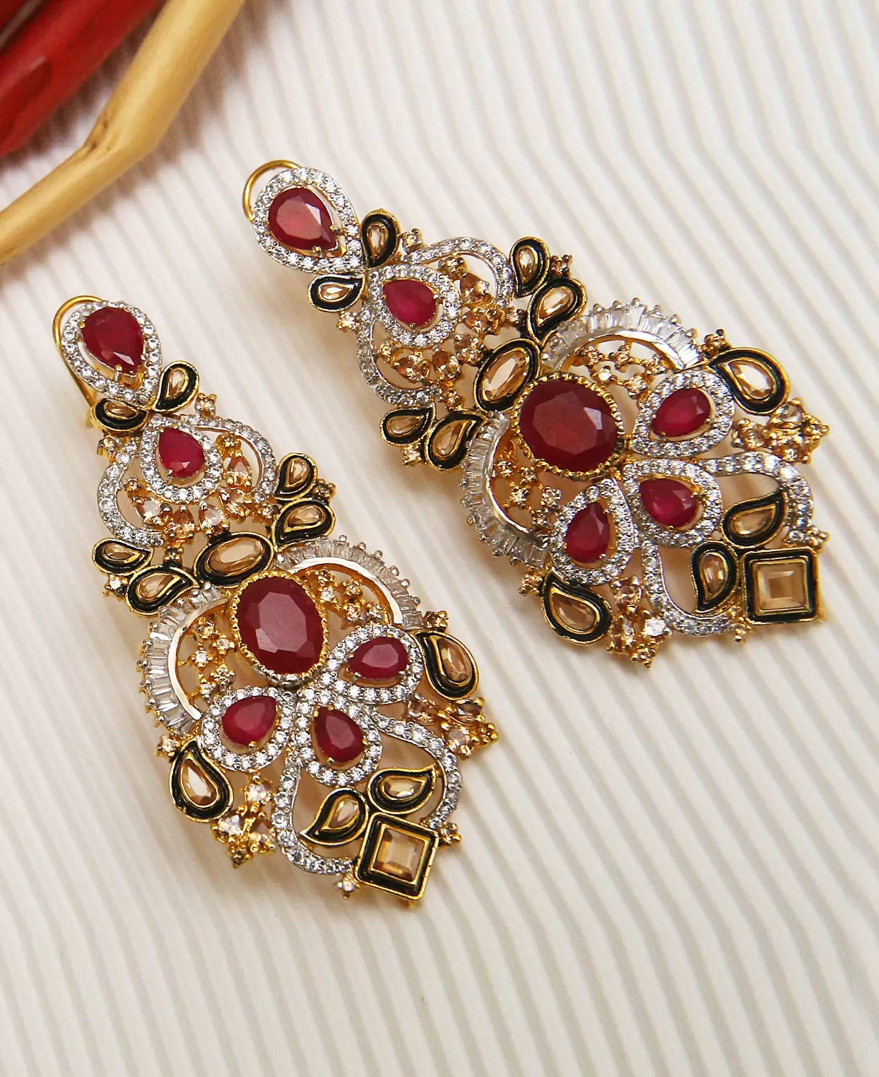 Ruby and Polki Black Meena Earrings