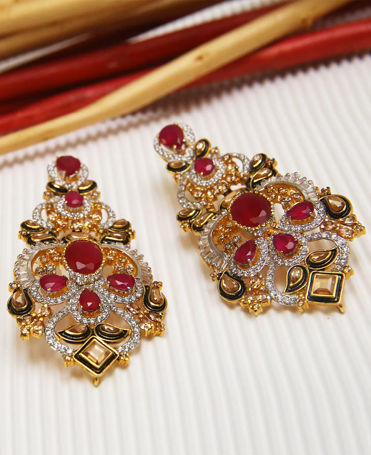 Ruby and Polki Black Meena Earrings