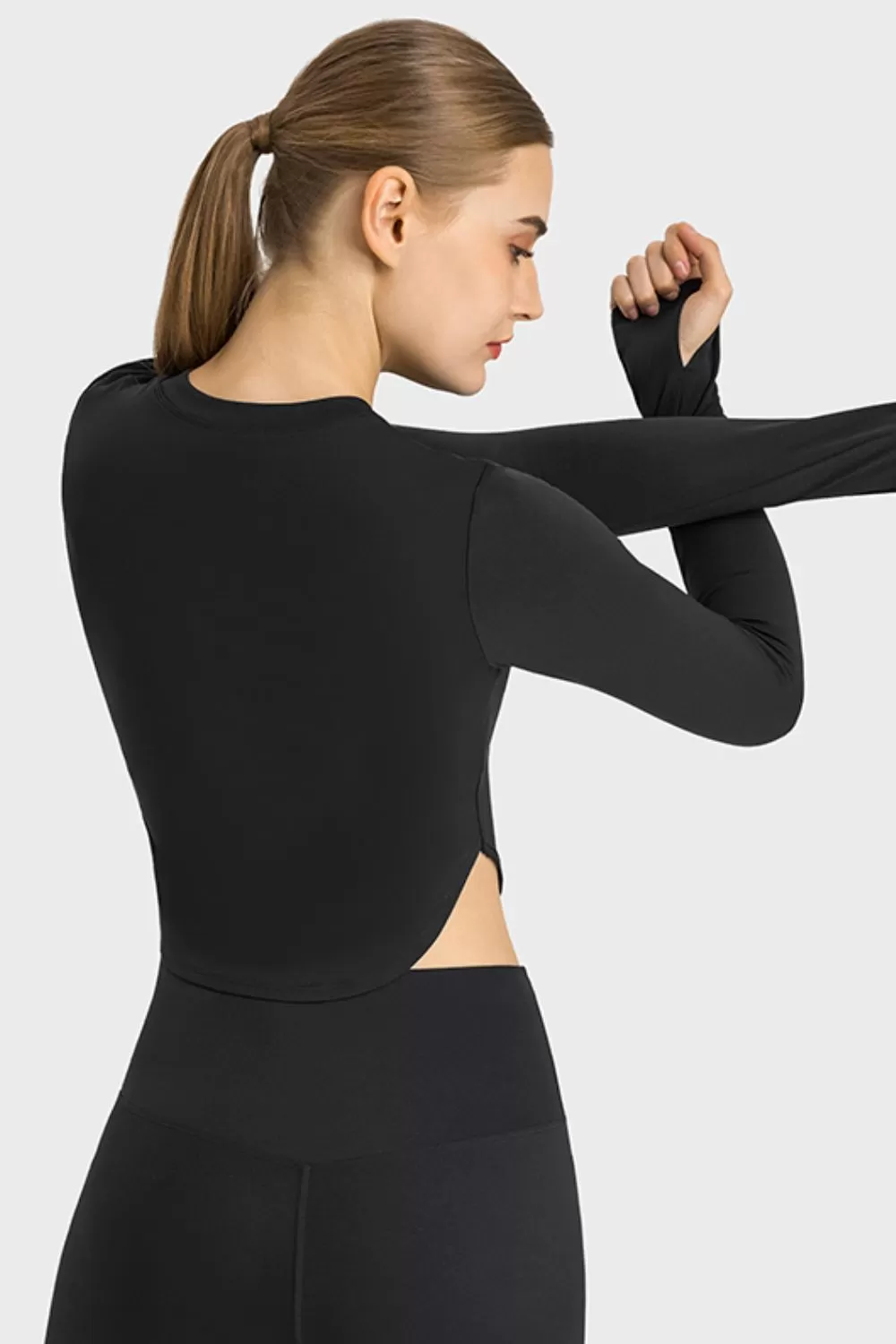 Side Slit Long Sleeve Round Neck Crop Top