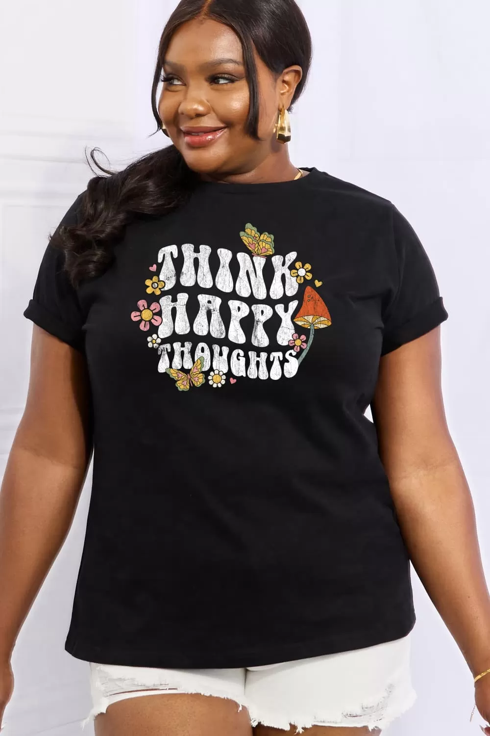 Simply Love Full Size THINK HAPPY THOUGHTS Graphic Cotton Tee