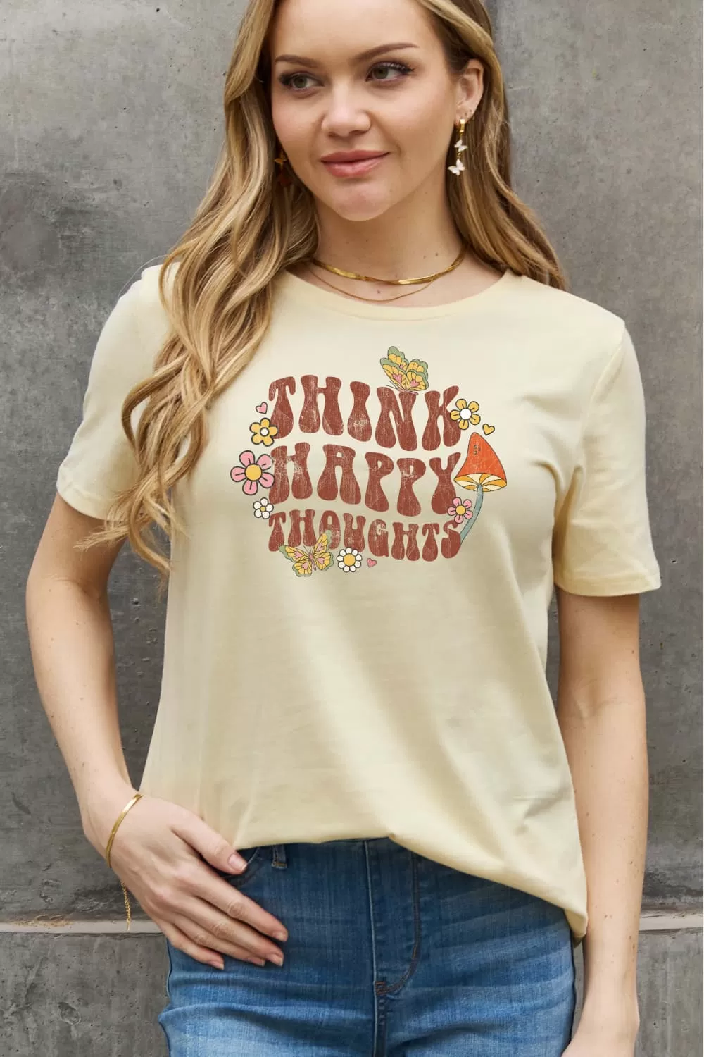 Simply Love Full Size THINK HAPPY THOUGHTS Graphic Cotton Tee