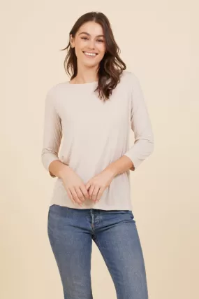 Soft Touch 3/4 Sleeve Pleat Back Crewneck in Cloud