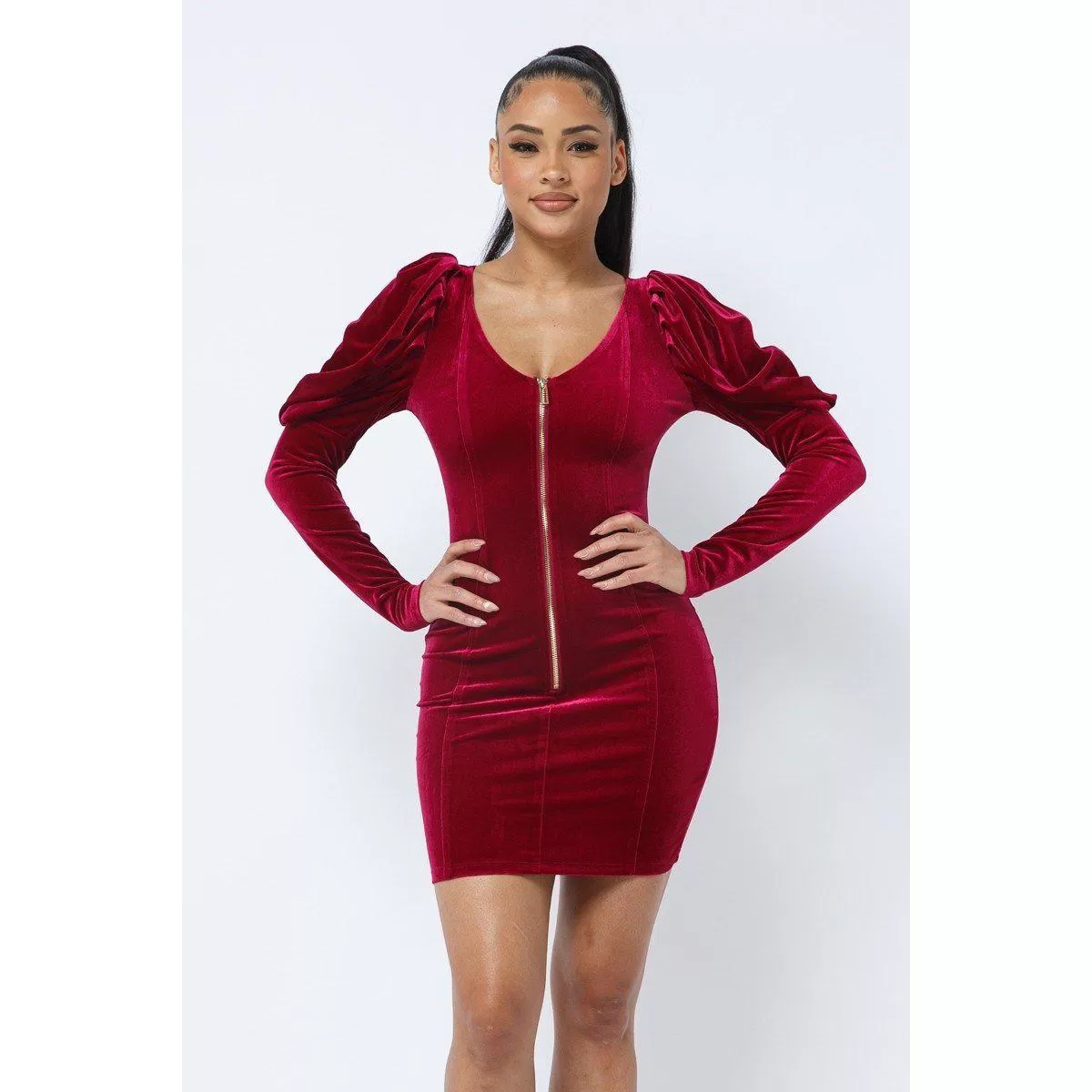 Soft Velvet Pleated Puff Sleeve Low V Neck Front And Back Mini Dress