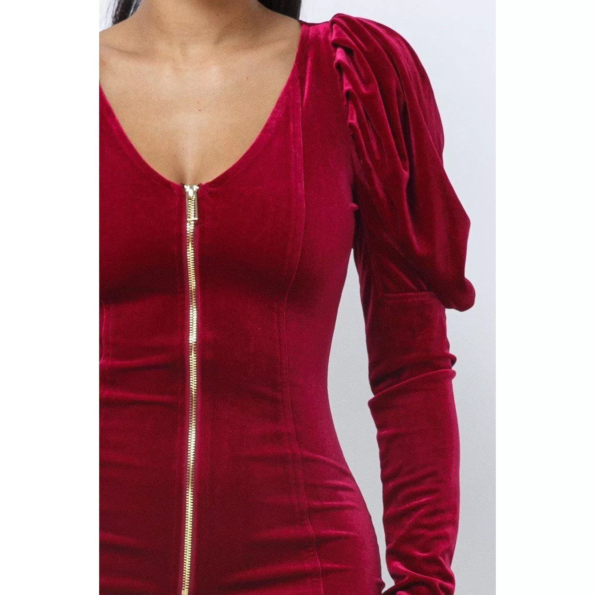 Soft Velvet Pleated Puff Sleeve Low V Neck Front And Back Mini Dress