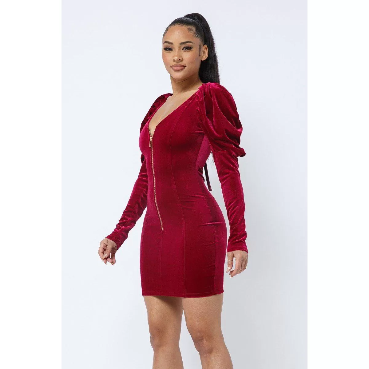 Soft Velvet Pleated Puff Sleeve Low V Neck Front And Back Mini Dress