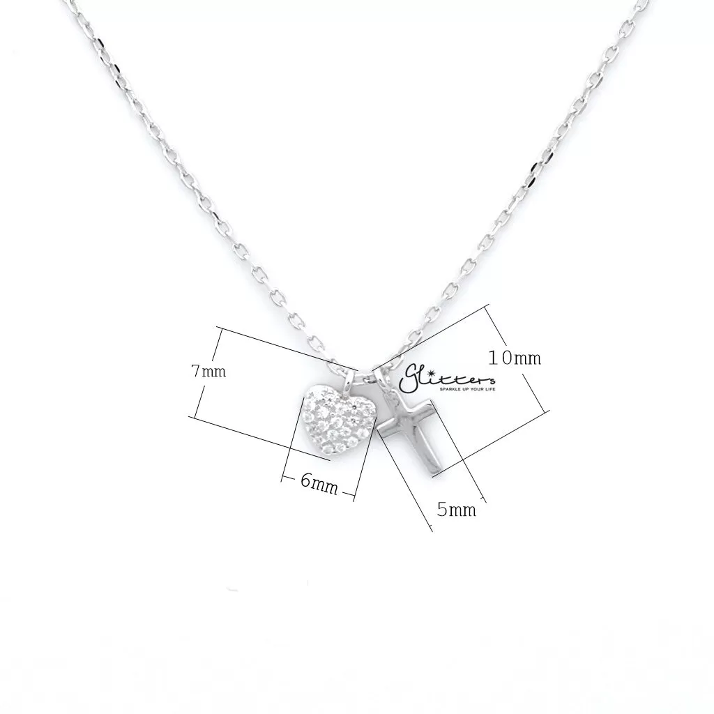 Sterling Silver CZ Paved Heart with Plain Cross Women's Necklace