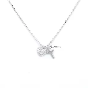 Sterling Silver CZ Paved Heart with Plain Cross Women's Necklace