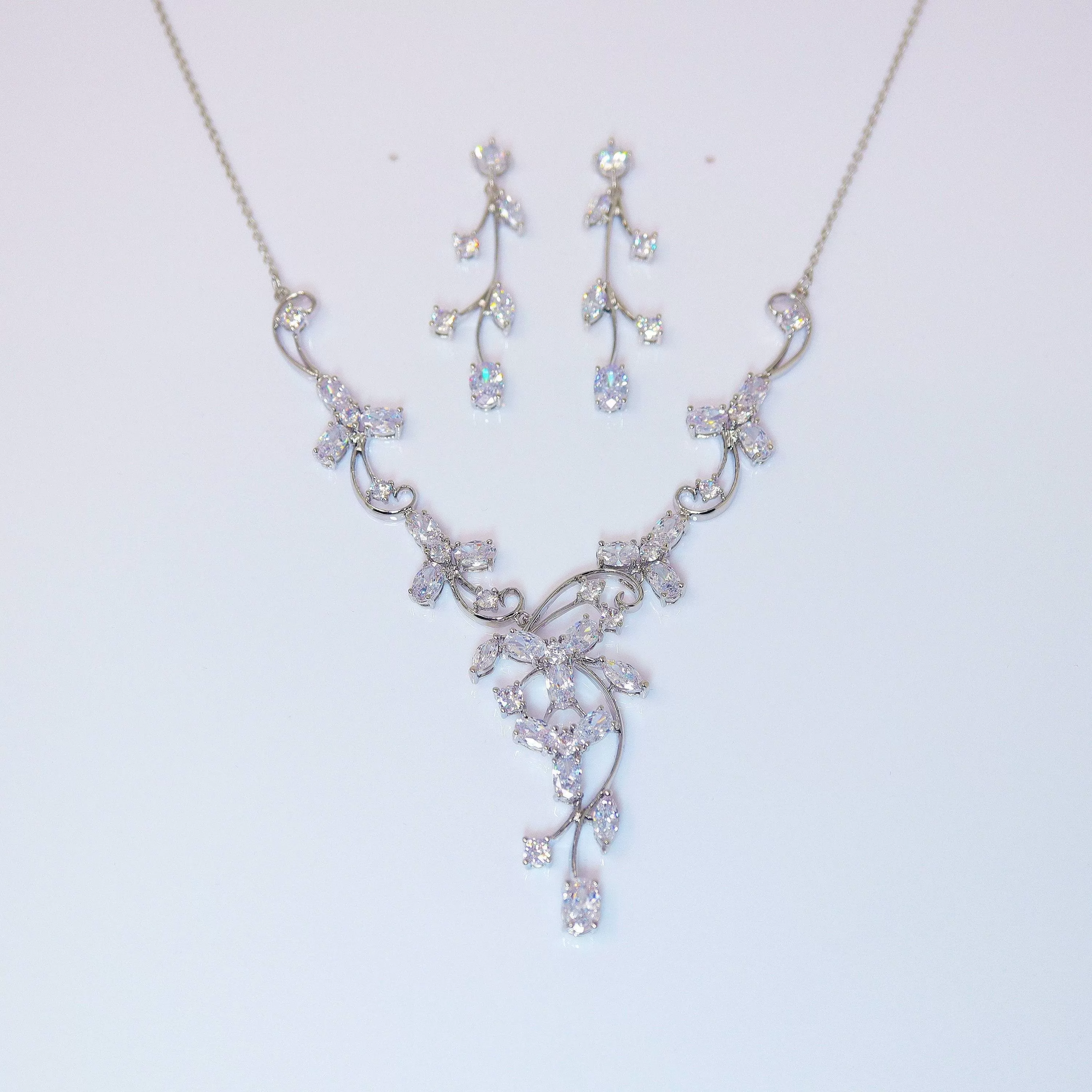 Swarovski Enchanted Vine Leaves Necklace, Long Bridal Jewelry, Bridal Earrings And Necklace, Statement Earrings Cz Necklace Set.