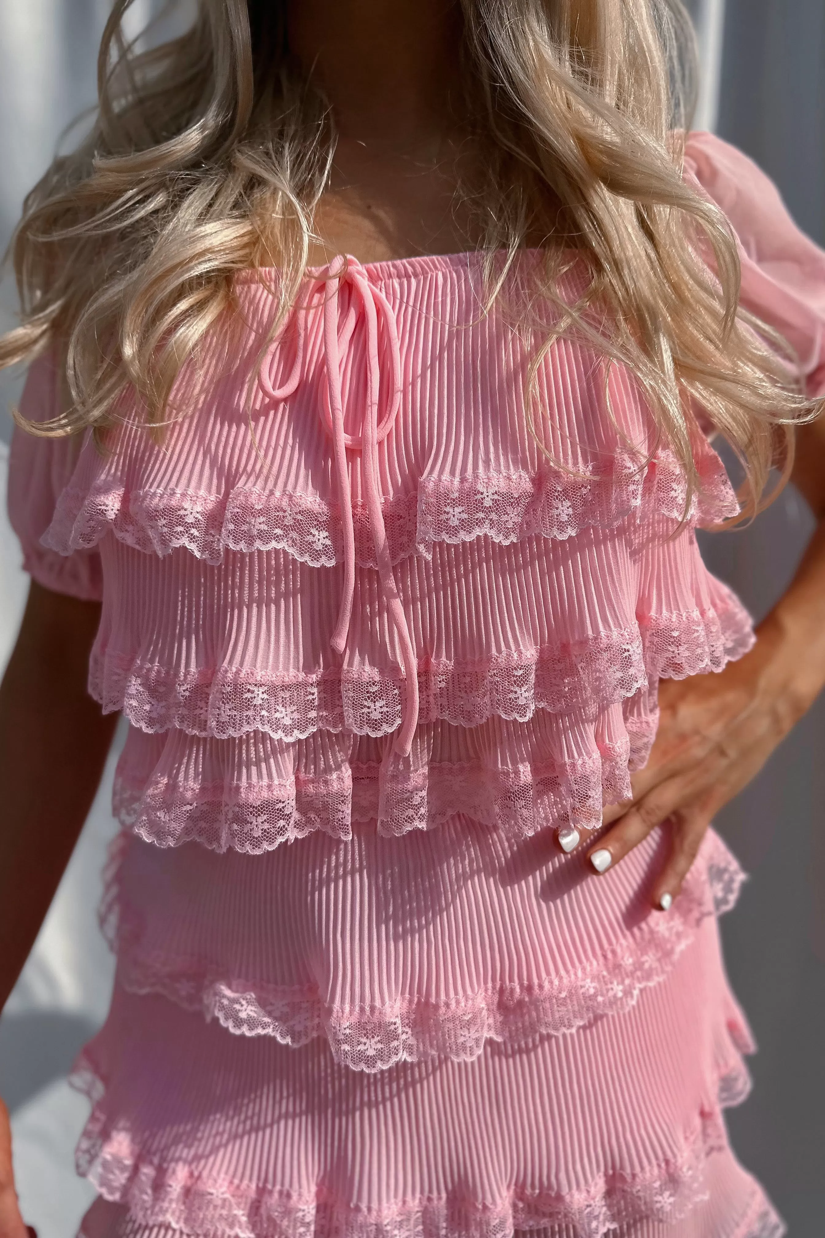 Tea Time Chiffon Lace Top Pink- FINAL SALE