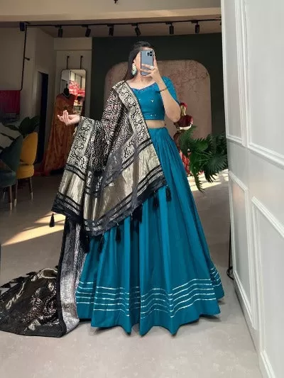 Teal Blue Pure Cotton Stitched Lehenga Choli With Unstitched Blouse