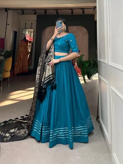 Teal Blue Pure Cotton Stitched Lehenga Choli With Unstitched Blouse