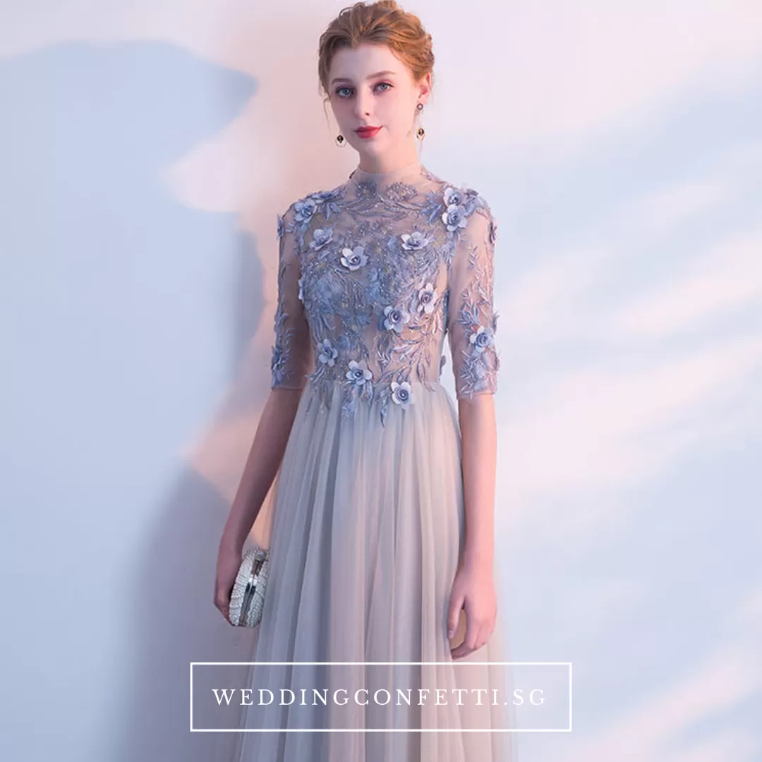 The Sarah Grey Long Sleeves Lace Gown