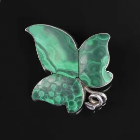 Victorian Sterling Silver Malachite Ivy Leaf Brooch