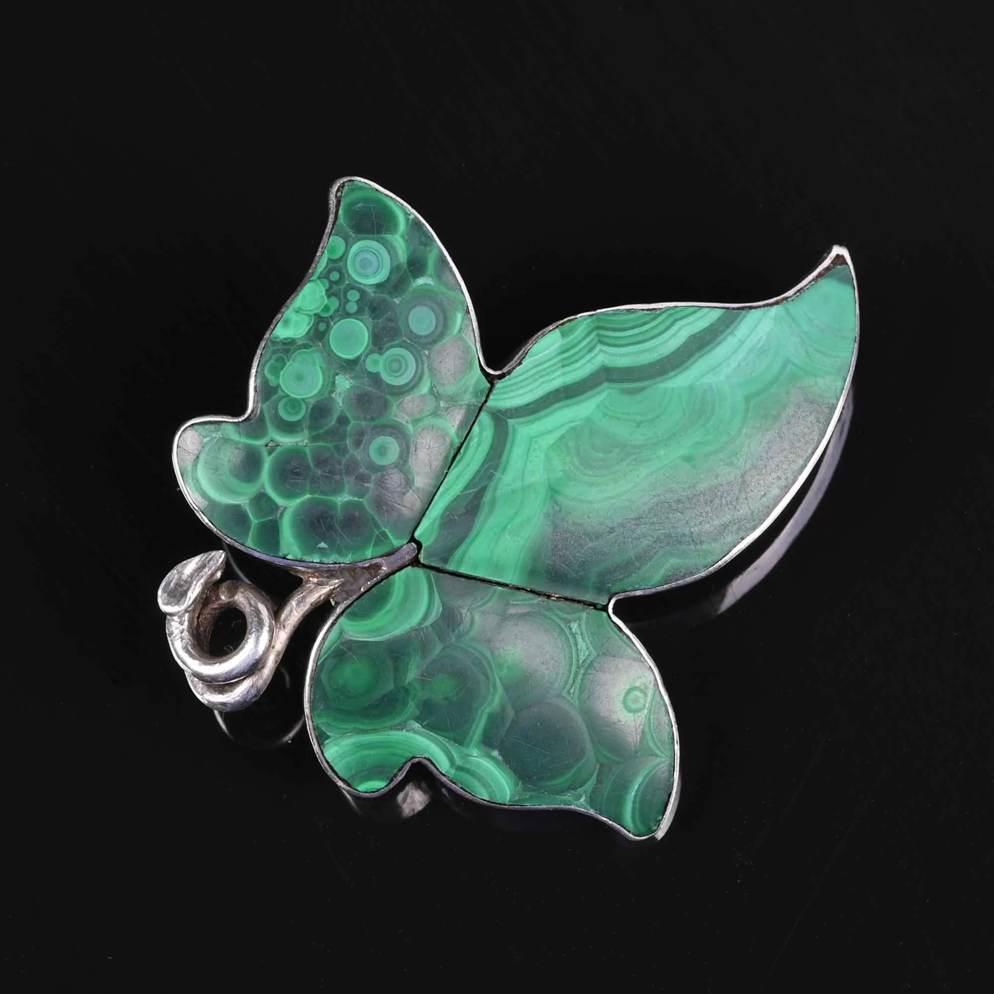 Victorian Sterling Silver Malachite Ivy Leaf Brooch