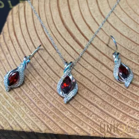 Vintage Sterling Silver Garnet And CZs Necklace With Matching Earrings Set