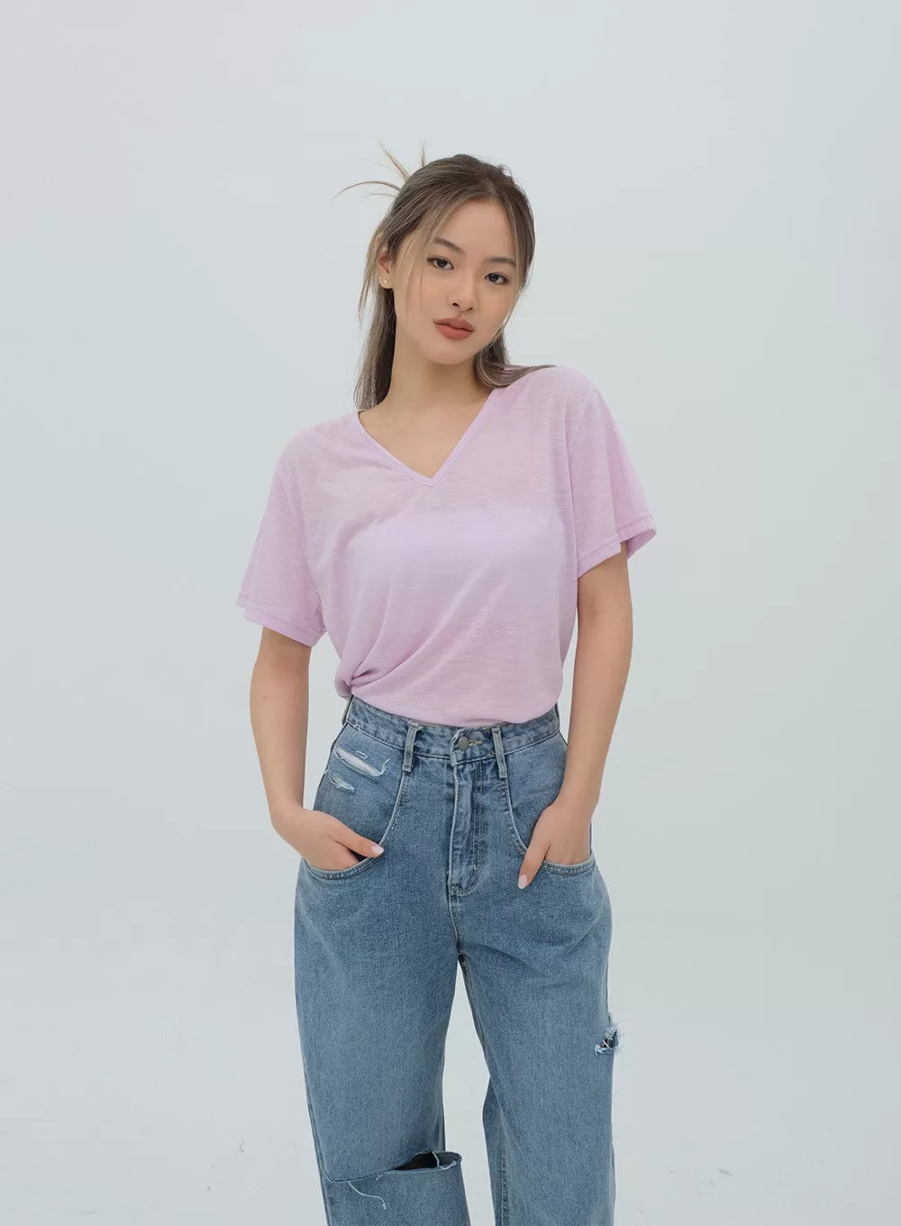 Violet Short Sleeve V Neck T Shirt BF25