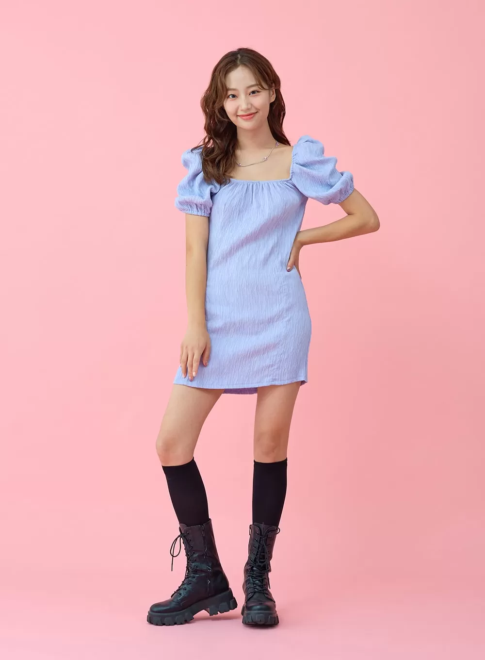 Wrinkle Puff Off Shoulder Mini Dress BU1507