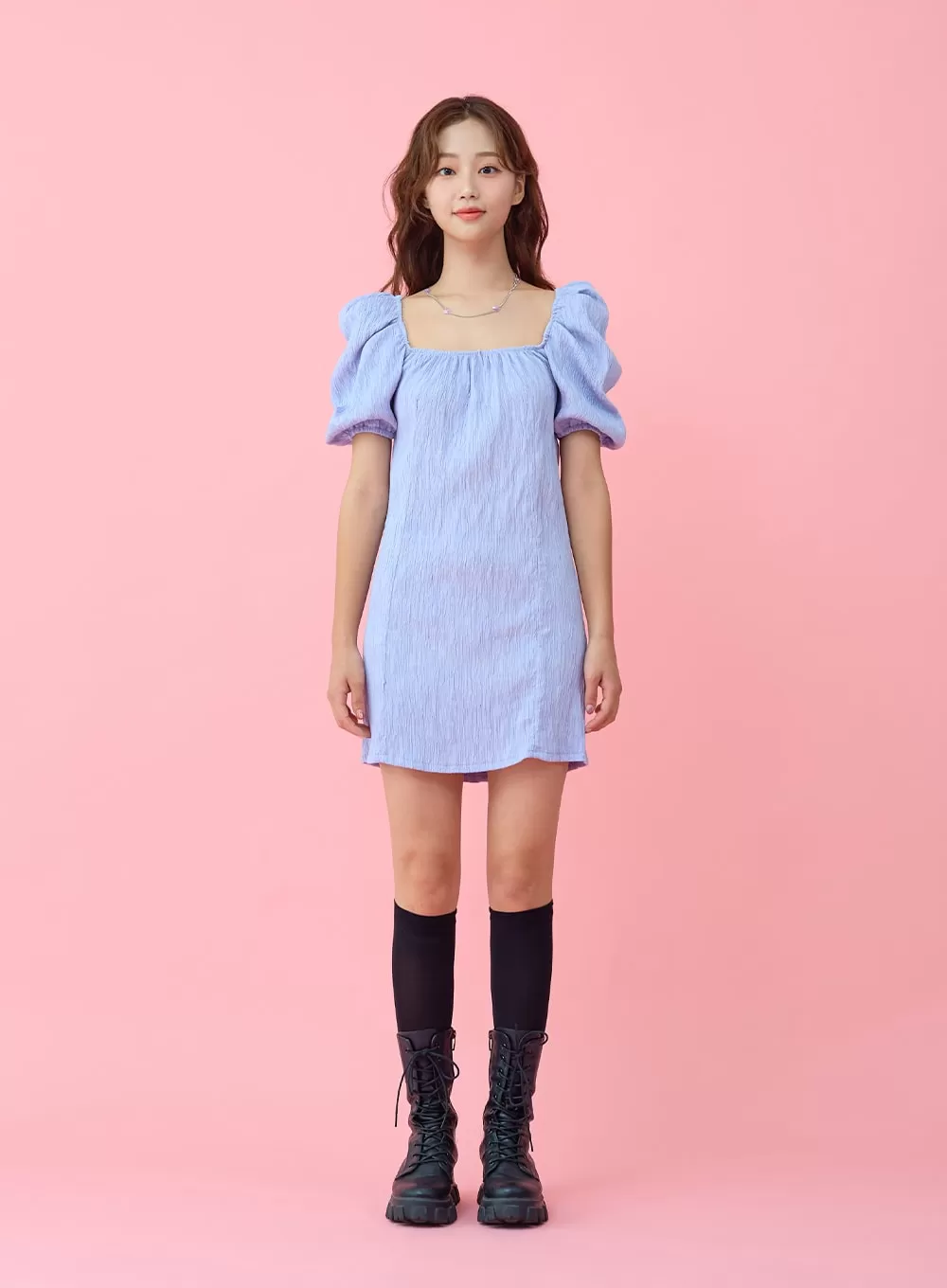 Wrinkle Puff Off Shoulder Mini Dress BU1507